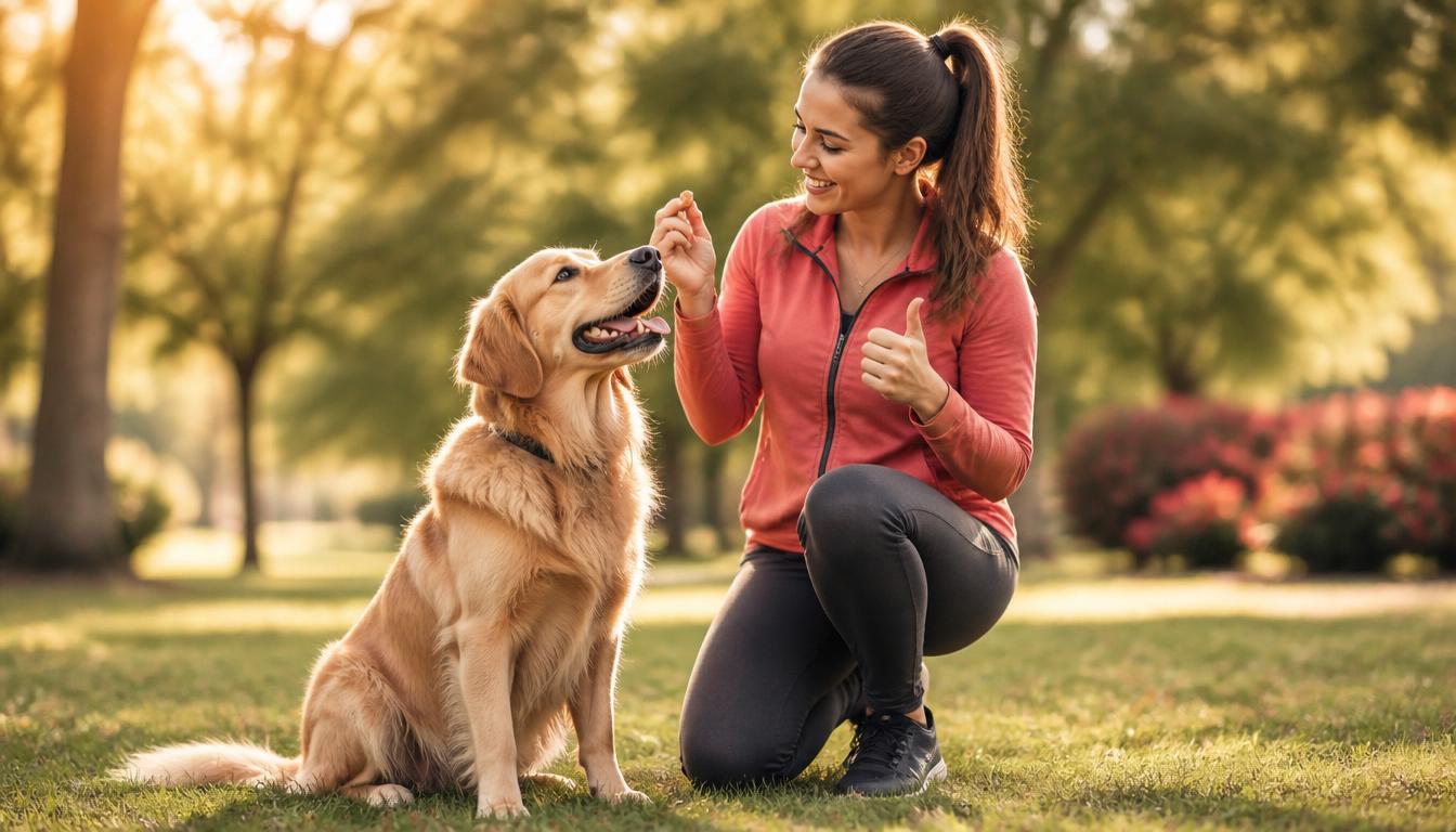 A happy golden retriever with a pet carer during a positive training session in the park