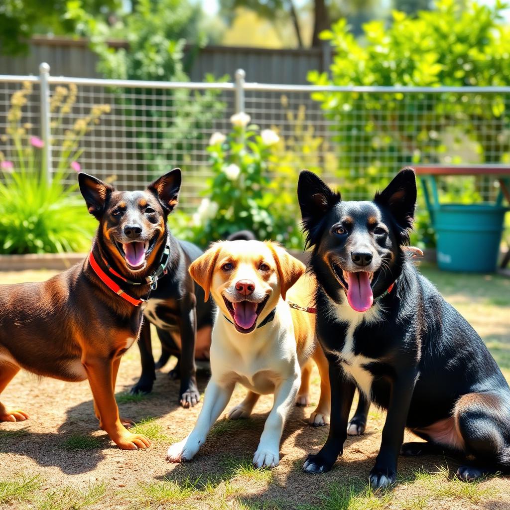 A group of happy dogs playing together in a sunny garden