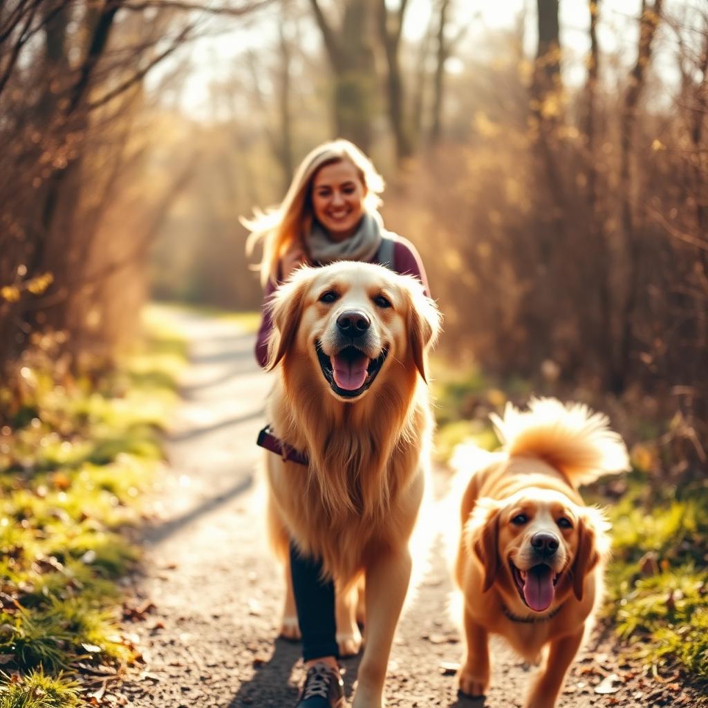 A dog walker with happy dogs on a sunny woodland path